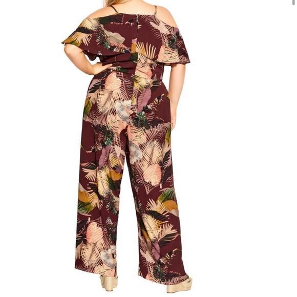 City Chic Tropic Heat Tropical Flowy Burgundy Wrap Wide Leg Jumpsuit Sz 16 - Picture 2 of 6